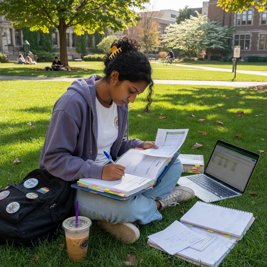 Student studying with notes and laptop